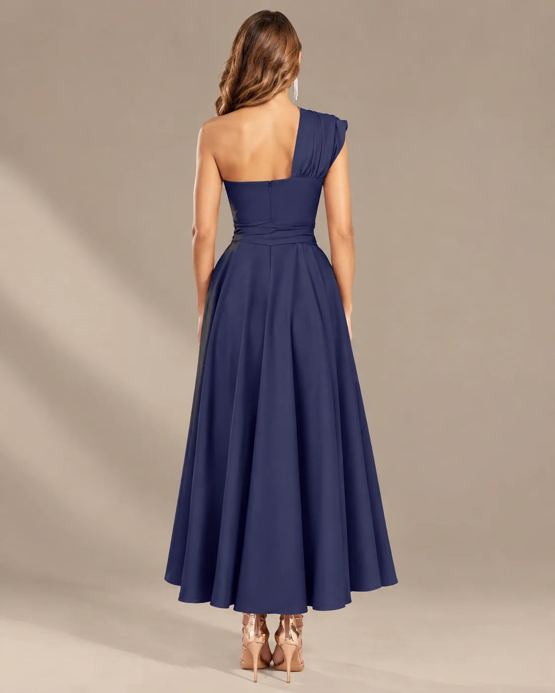 One-Shoulder Cap Sleeve Belted Fit and Flare Midi Dress | Oyese