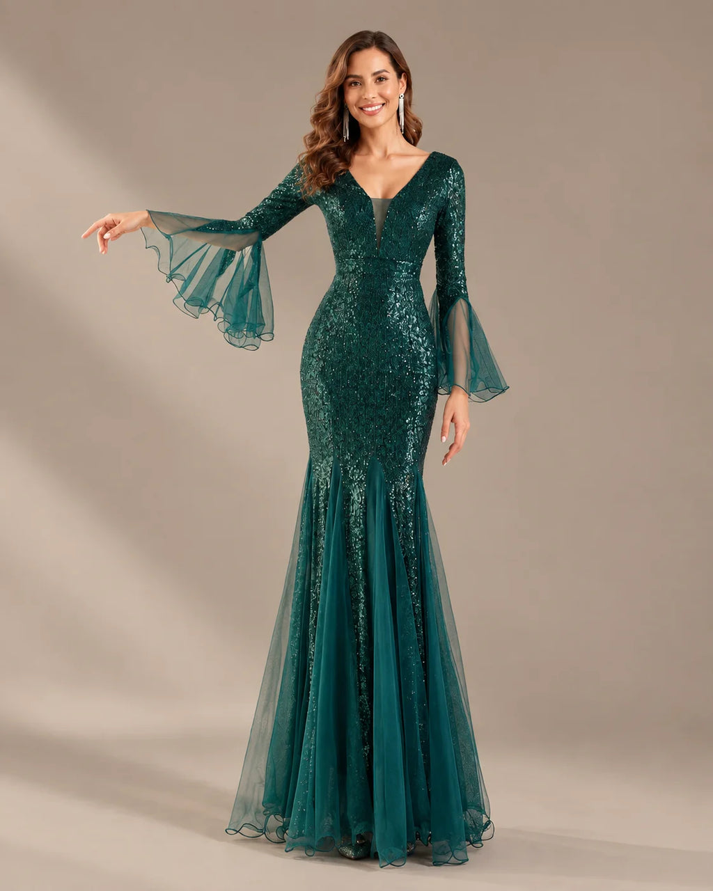 V-Neck Bell Sleeve Sequin Tulle Mermaid Evening Gown | Oyese