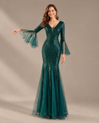 V-Neck Bell Sleeve Sequin Tulle Mermaid Evening Gown | Oyese