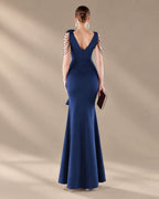 V-Neck 3D Floral Shoulder Beaded Mermaid Evening Gown | Oyese
