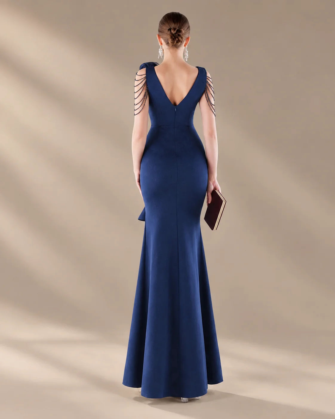 V-Neck 3D Floral Shoulder Beaded Mermaid Evening Gown | Oyese