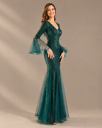 V-Neck Bell Sleeve Sequin Tulle Mermaid Evening Gown | Oyese