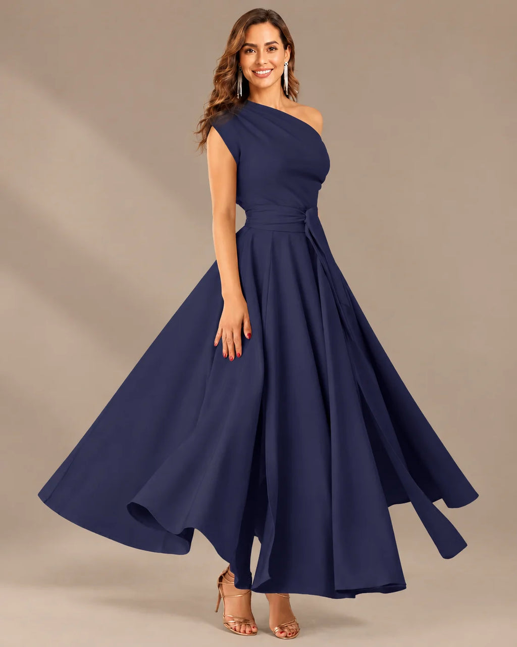 One-Shoulder Cap Sleeve Belted Fit and Flare Midi Dress | Oyese