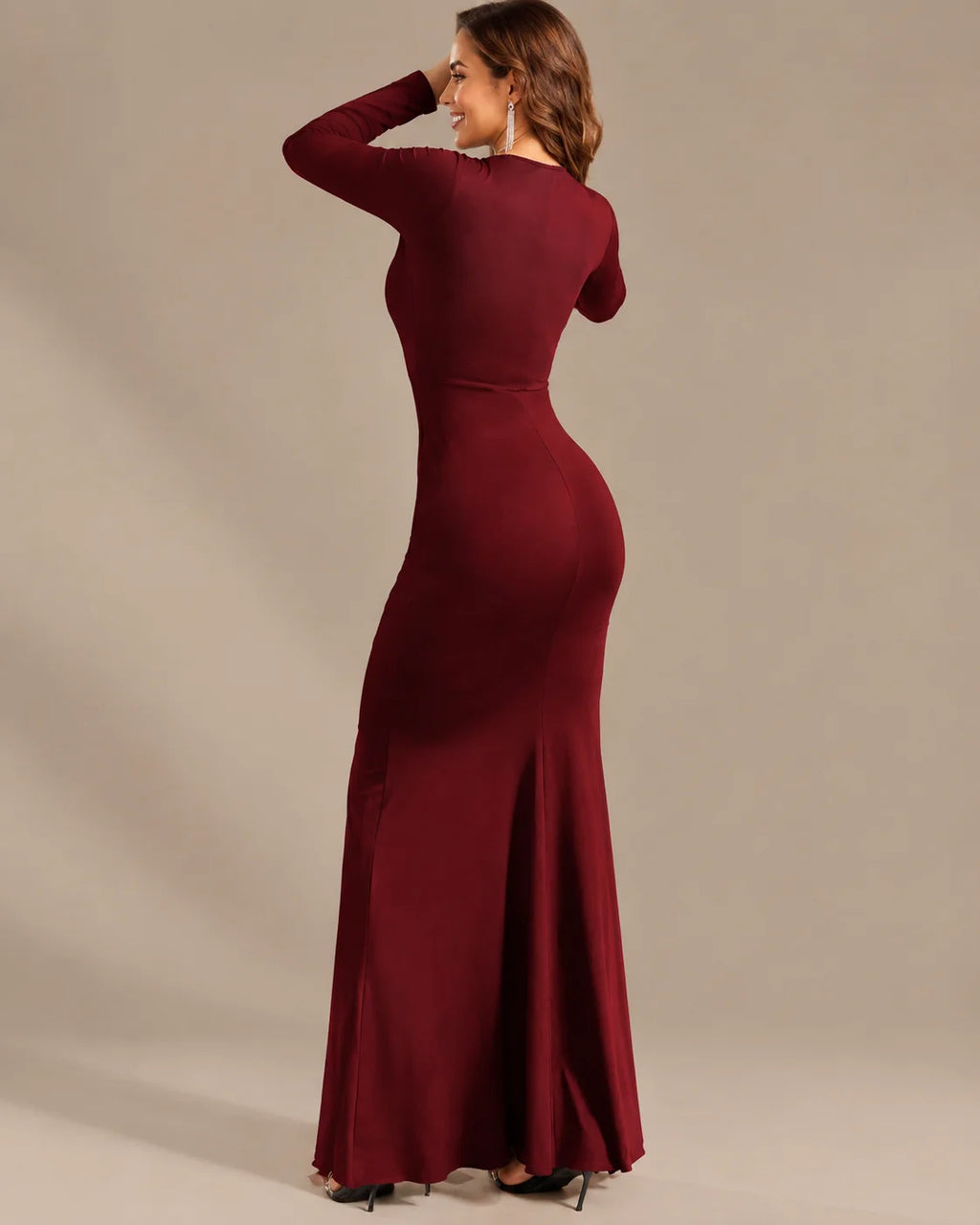 Long Sleeve Ruffle Mermaid Maxi Dress – High-Low Hem Formal Fall Gown | Oyese
