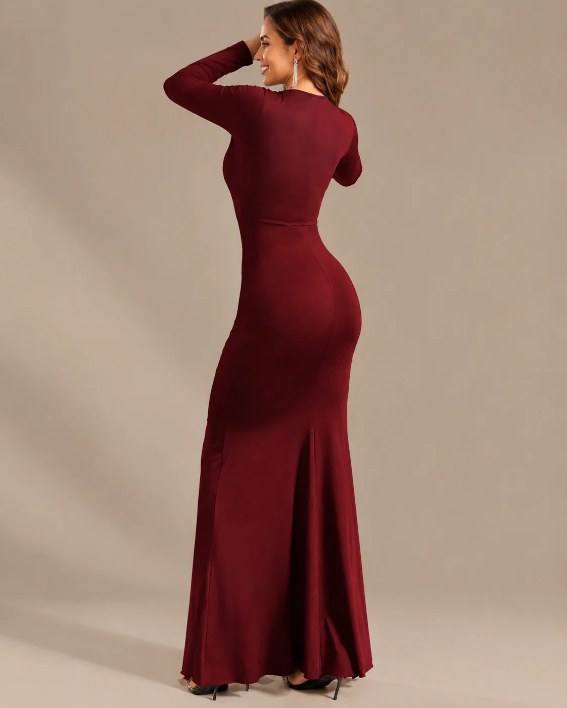 Long Sleeve Ruffle Mermaid Maxi Dress – High-Low Hem Formal Fall Gown | Oyese