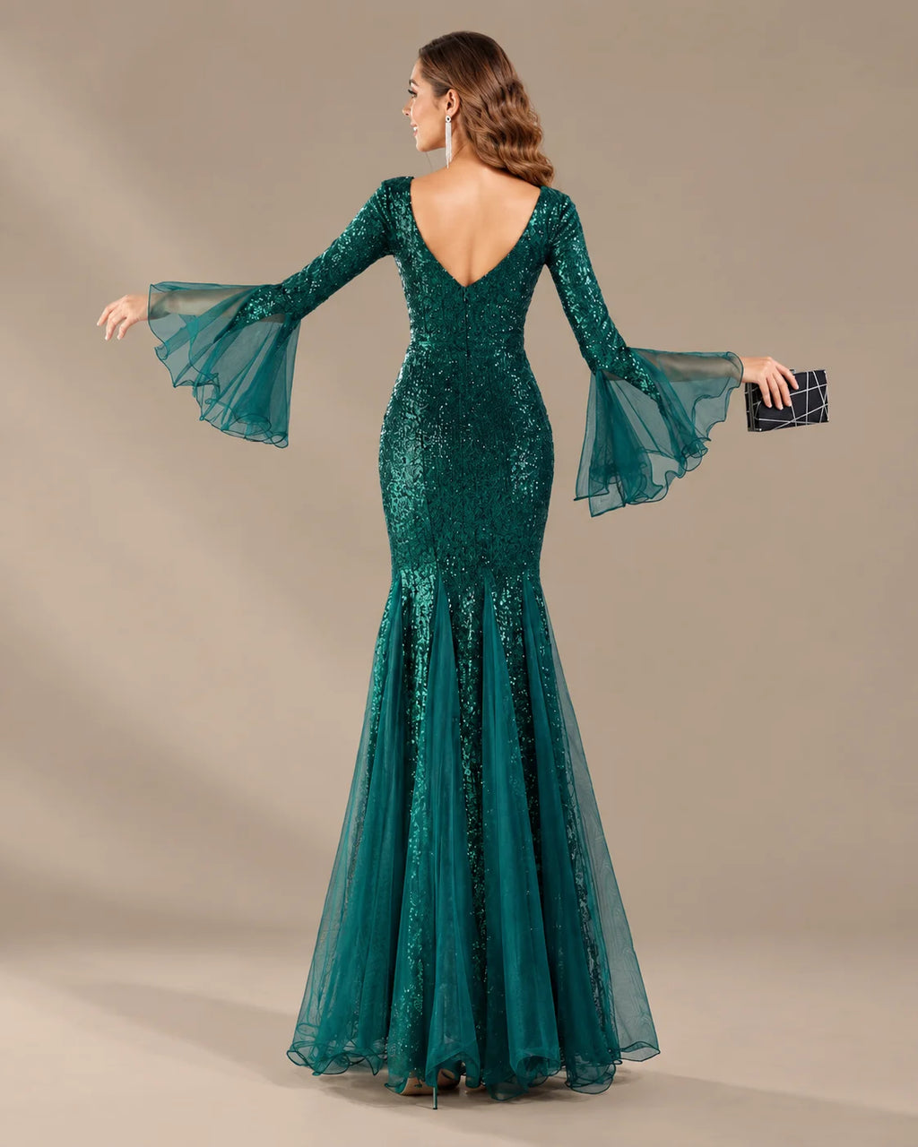 V-Neck Bell Sleeve Sequin Tulle Mermaid Evening Gown | Oyese