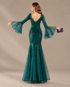 V-Neck Bell Sleeve Sequin Tulle Mermaid Evening Gown | Oyese