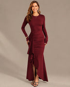 Long Sleeve Ruffle Mermaid Maxi Dress – High-Low Hem Formal Fall Gown | Oyese