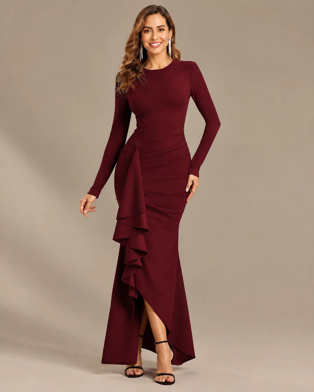 Long Sleeve Ruffle Mermaid Maxi Dress – High-Low Hem Formal Fall Gown | Oyese