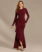Long Sleeve Ruffle Mermaid Maxi Dress – High-Low Hem Formal Fall Gown | Oyese