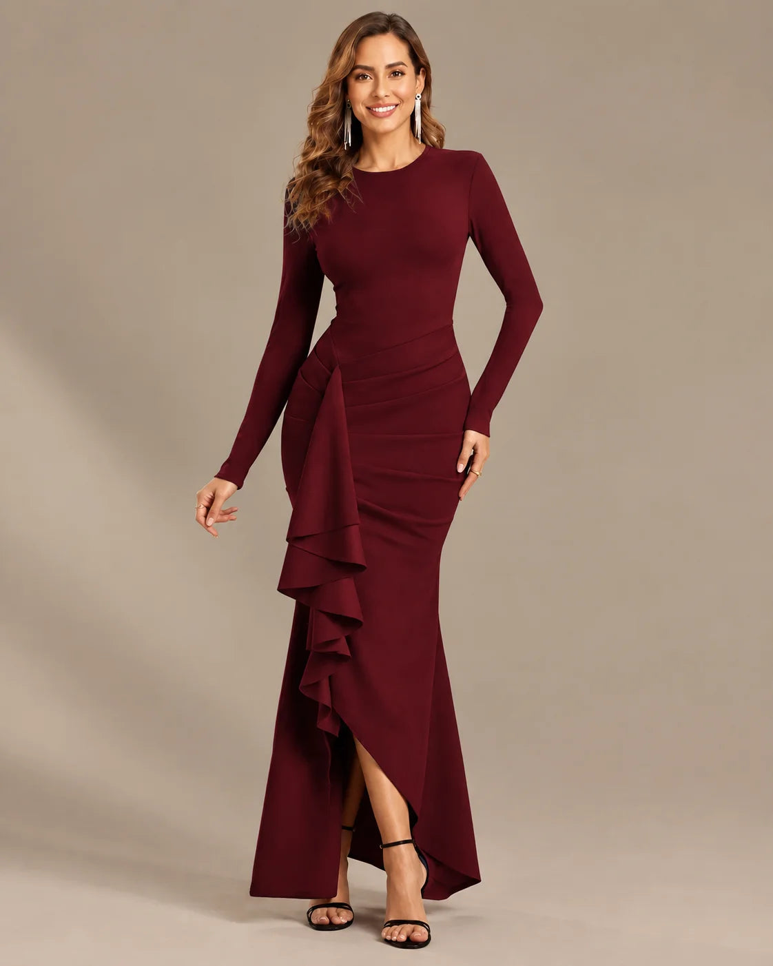 Long Sleeve Ruffle Mermaid Maxi Dress – High-Low Hem Formal Fall Gown | Oyese