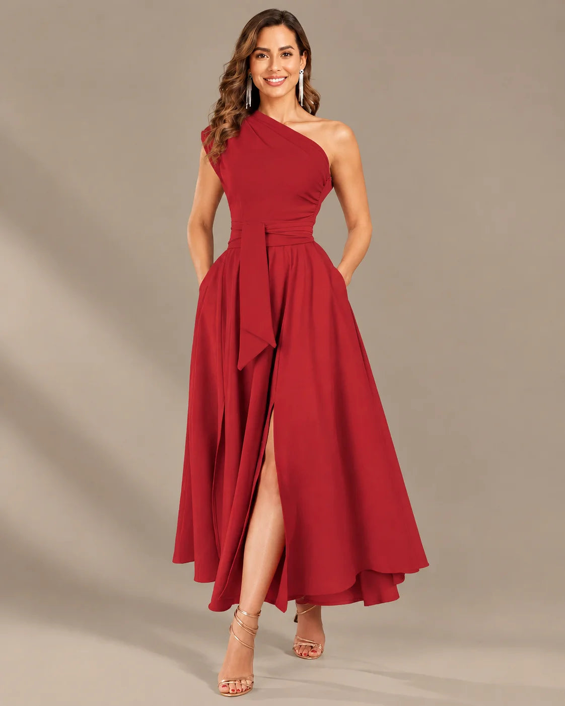 One-Shoulder Cap Sleeve Belted Fit and Flare Midi Dress | Oyese