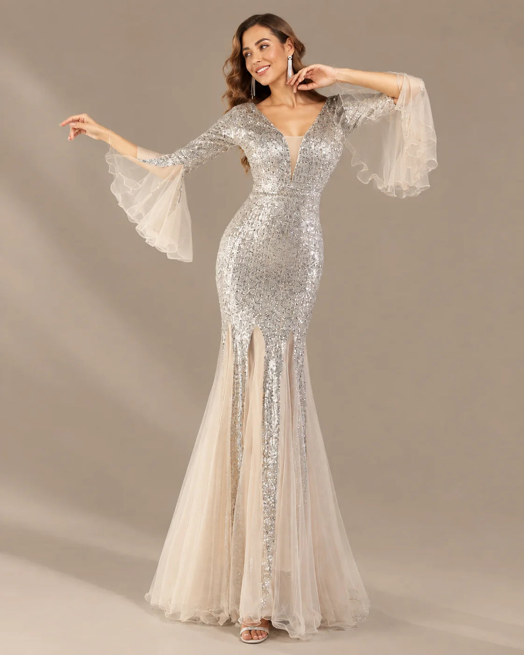 V-Neck Bell Sleeve Sequin Tulle Mermaid Evening Gown | Oyese