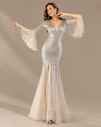 V-Neck Bell Sleeve Sequin Tulle Mermaid Evening Gown | Oyese