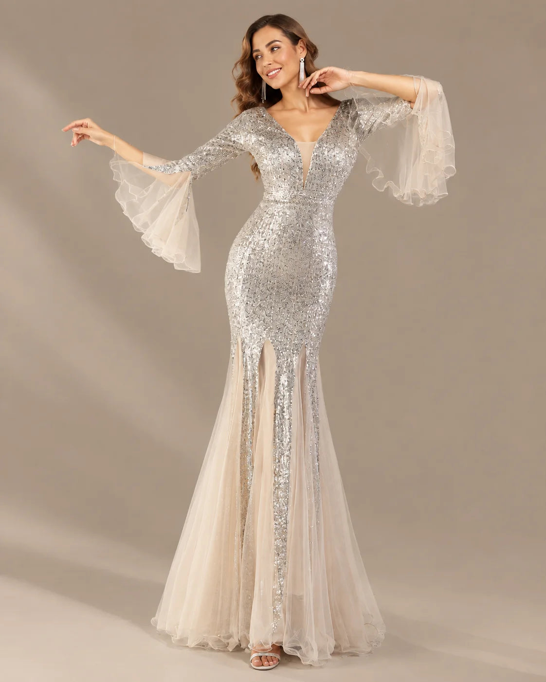V-Neck Bell Sleeve Sequin Tulle Mermaid Evening Gown | Oyese