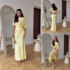 Lemon Satin Off-Shoulder Wrap Top & Maxi Skirt Set