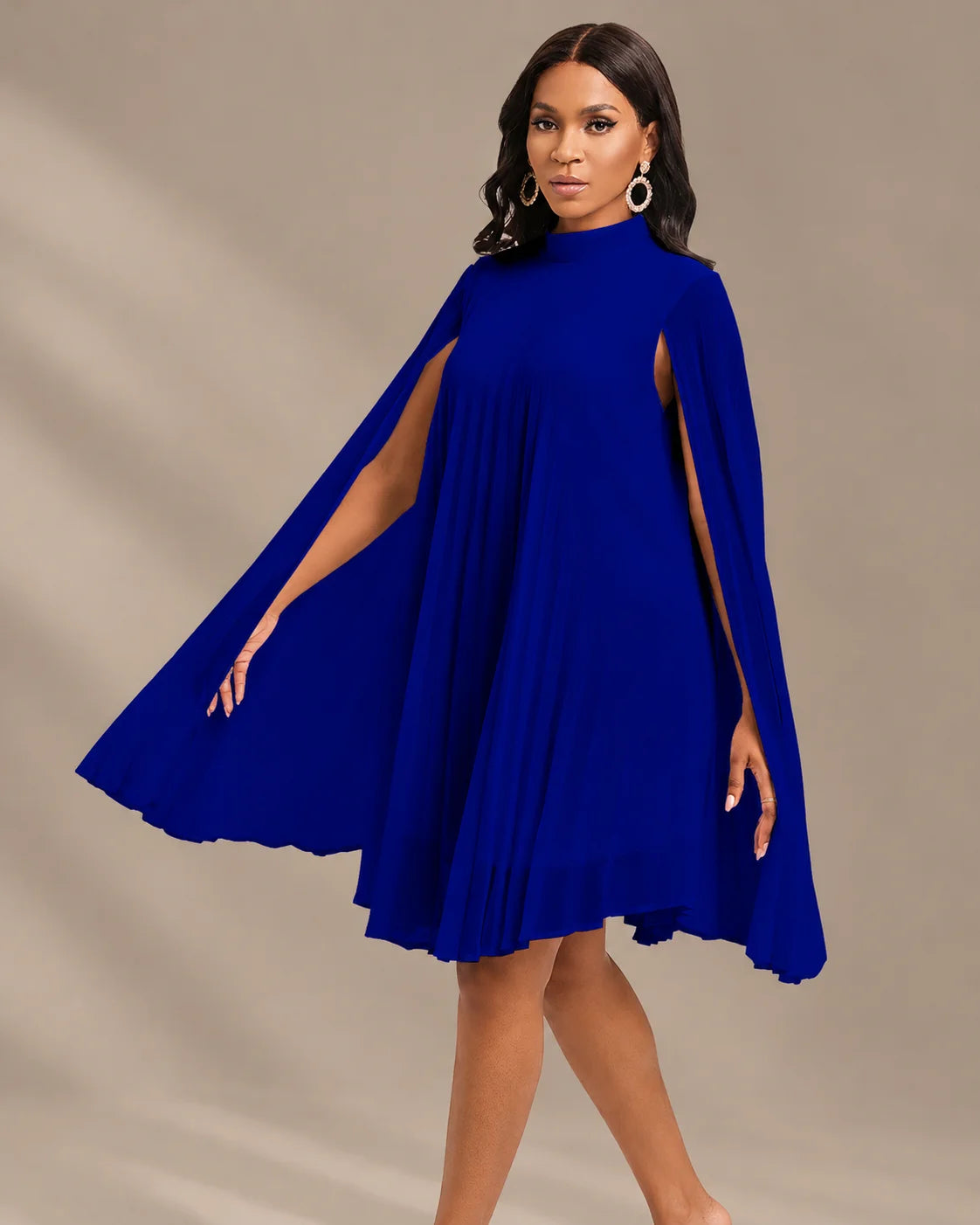 Mock Neck Pleated Chiffon Cape Shift Dress | Oyese