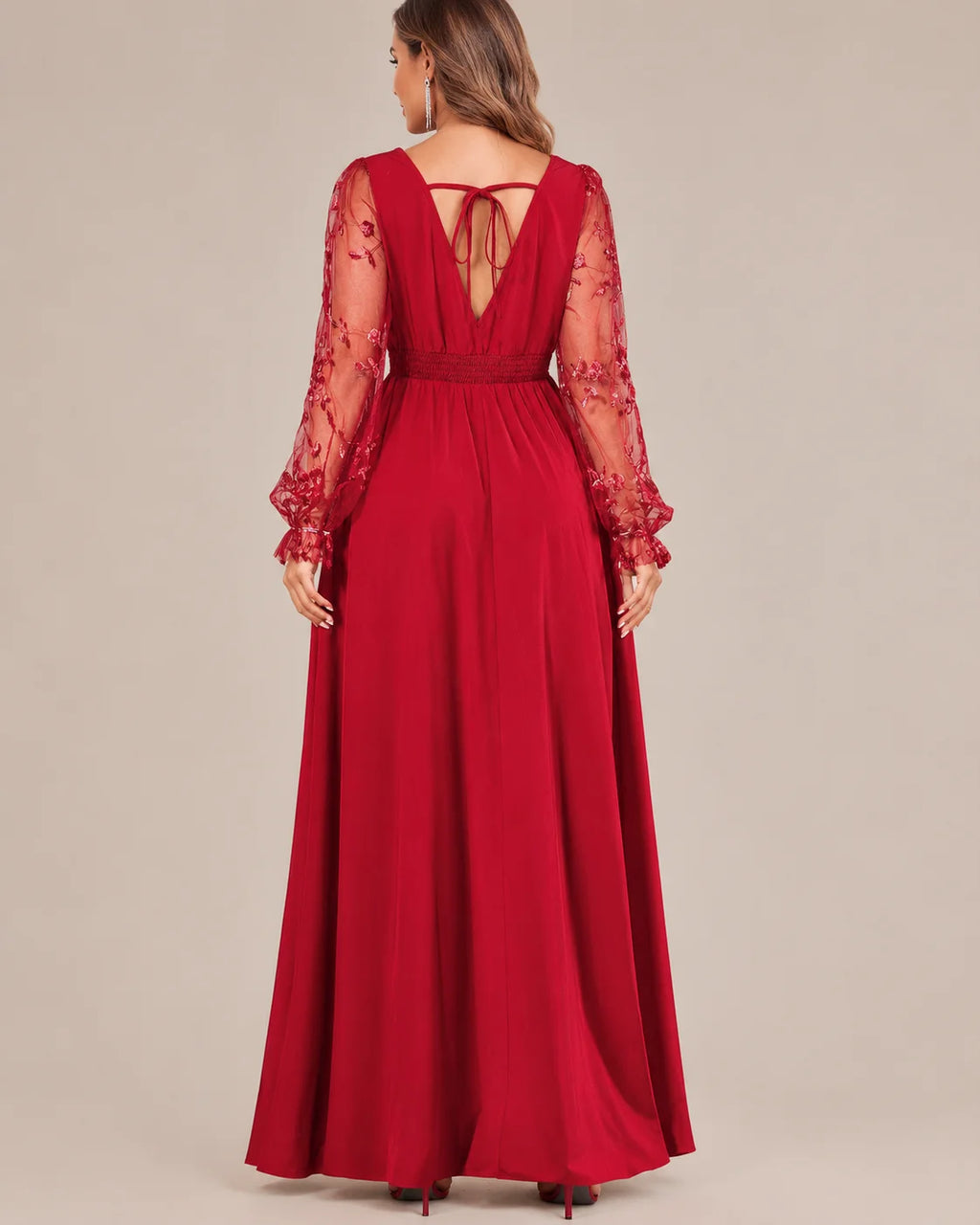 Plus Size Deep V Lace Sleeve Slit Maxi Gown | Oyese