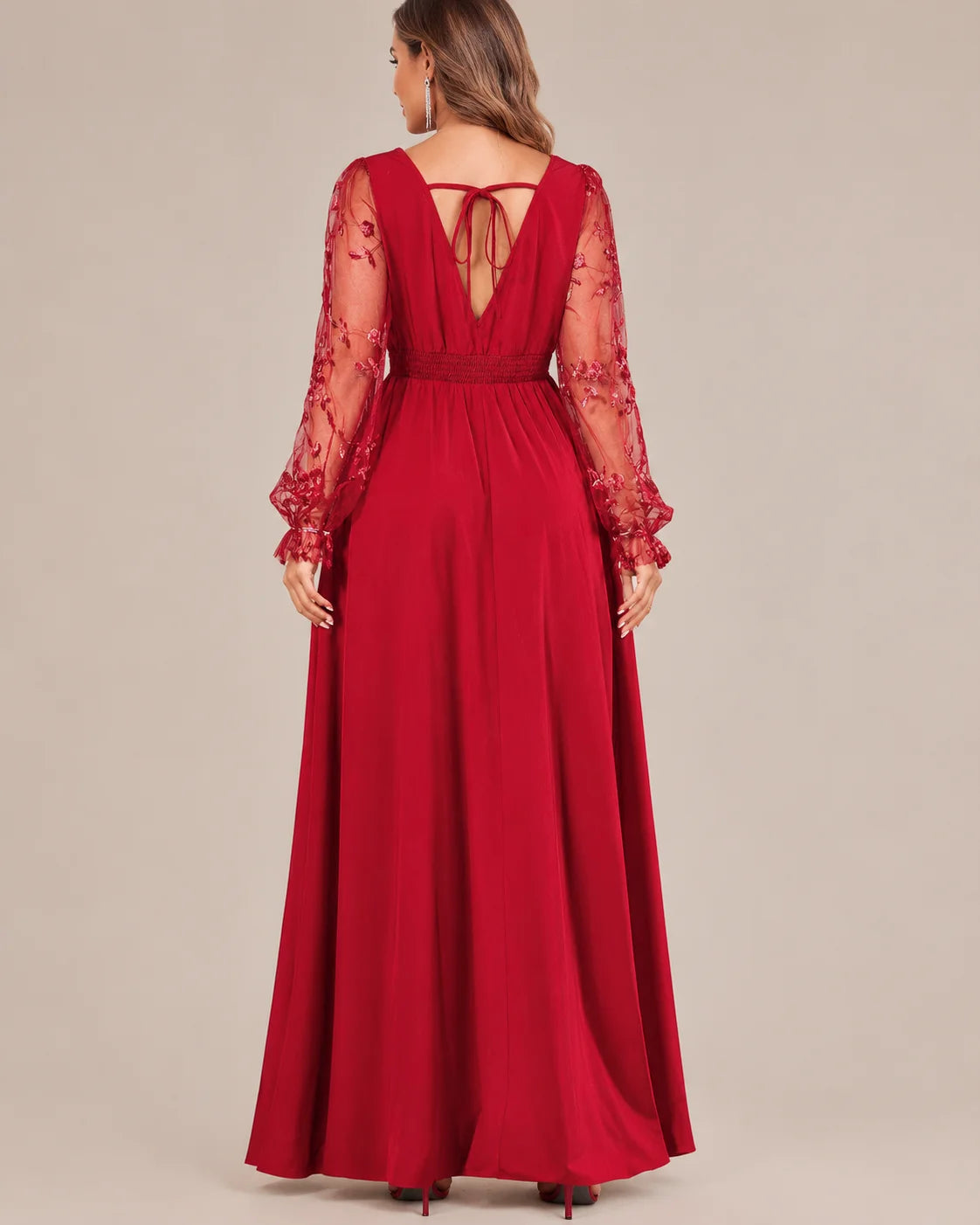 Plus Size Deep V Lace Sleeve Slit Maxi Gown | Oyese