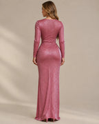 Shimmer Wrap V Neck Long Sleeve Maxi Dress – High Slit Evening Gown | Oyese