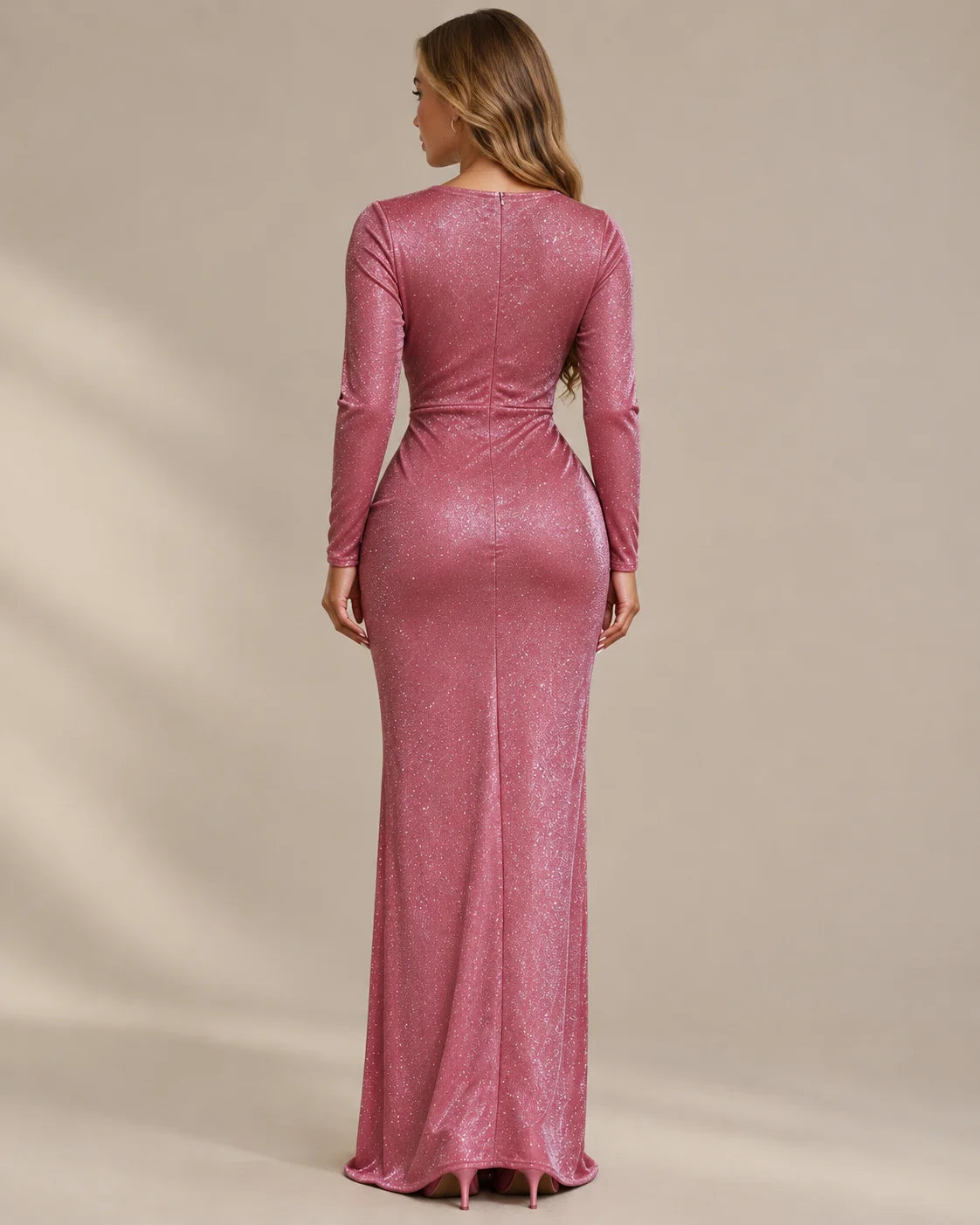 Shimmer Wrap V Neck Long Sleeve Maxi Dress – High Slit Evening Gown | Oyese