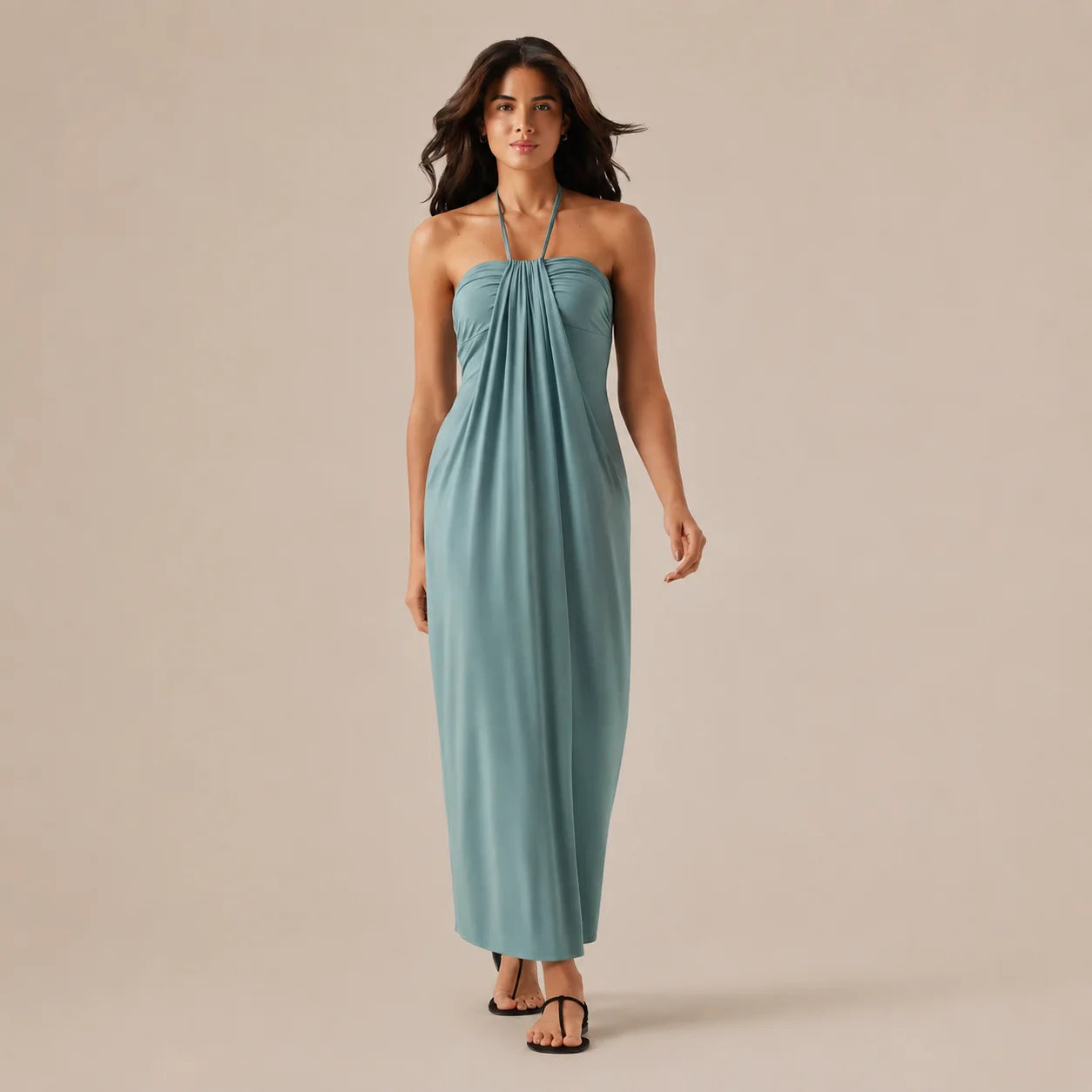 Halter Tie Gathered Maxi Dress with Pockets – Relaxed Summer Drape | Oyese