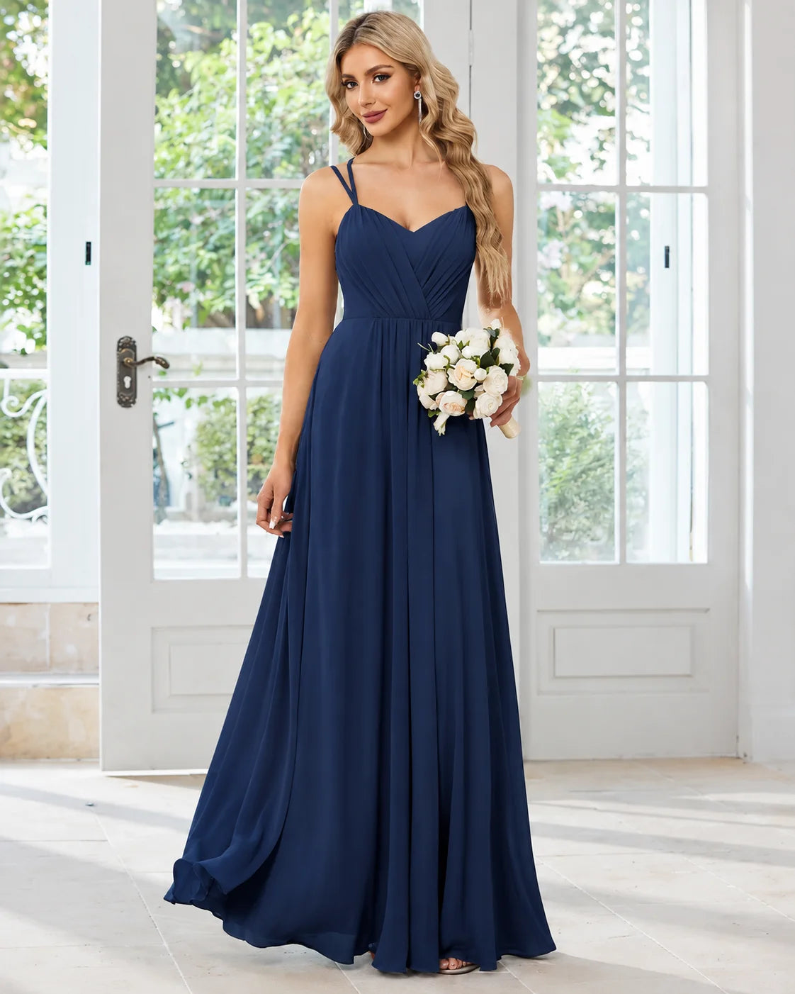 V-Neck Open Back Pleated A-Line Bridesmaid Gown | Oyese