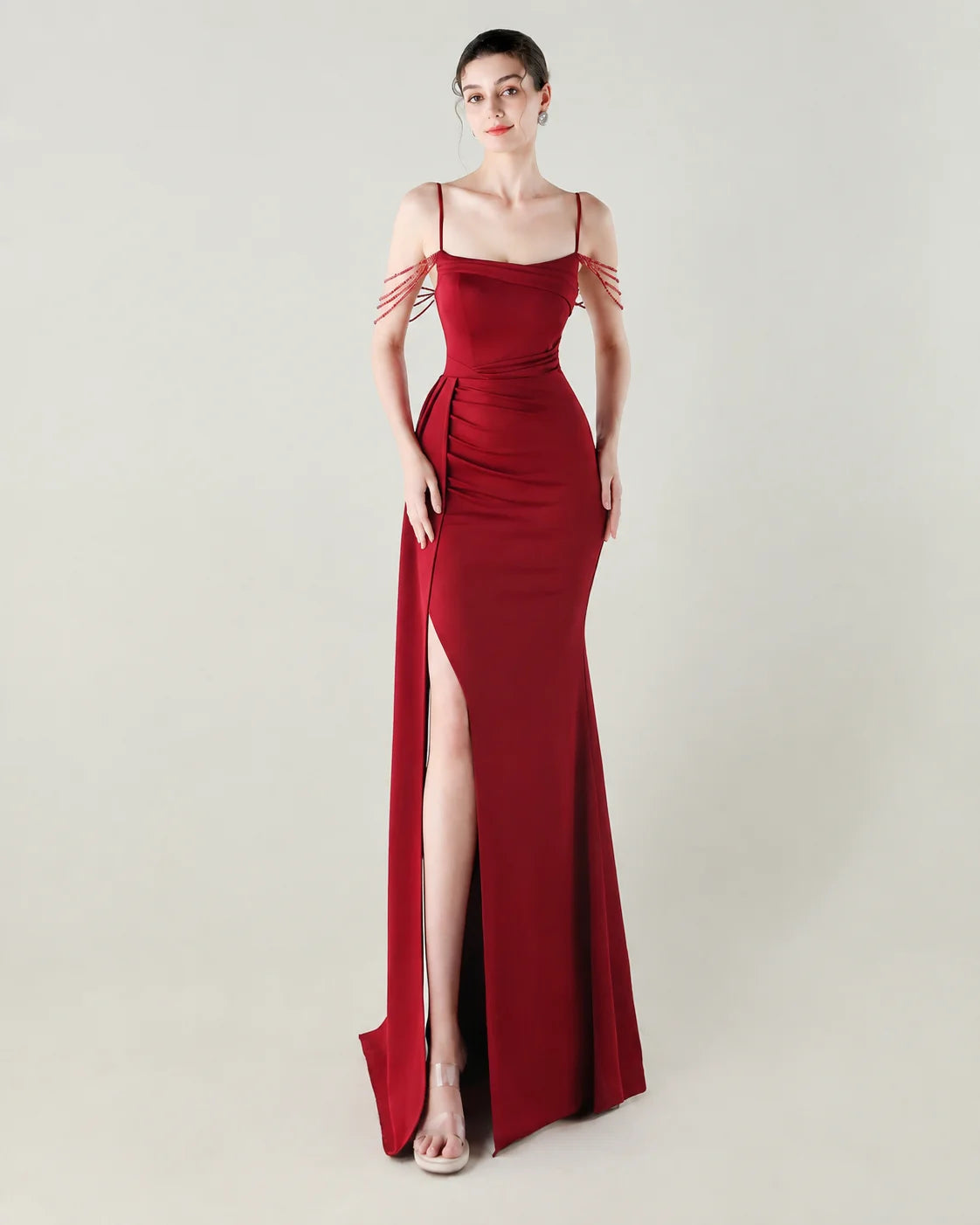 Strapless Beaded Chain Strap Ruched Mermaid Gown | Oyese
