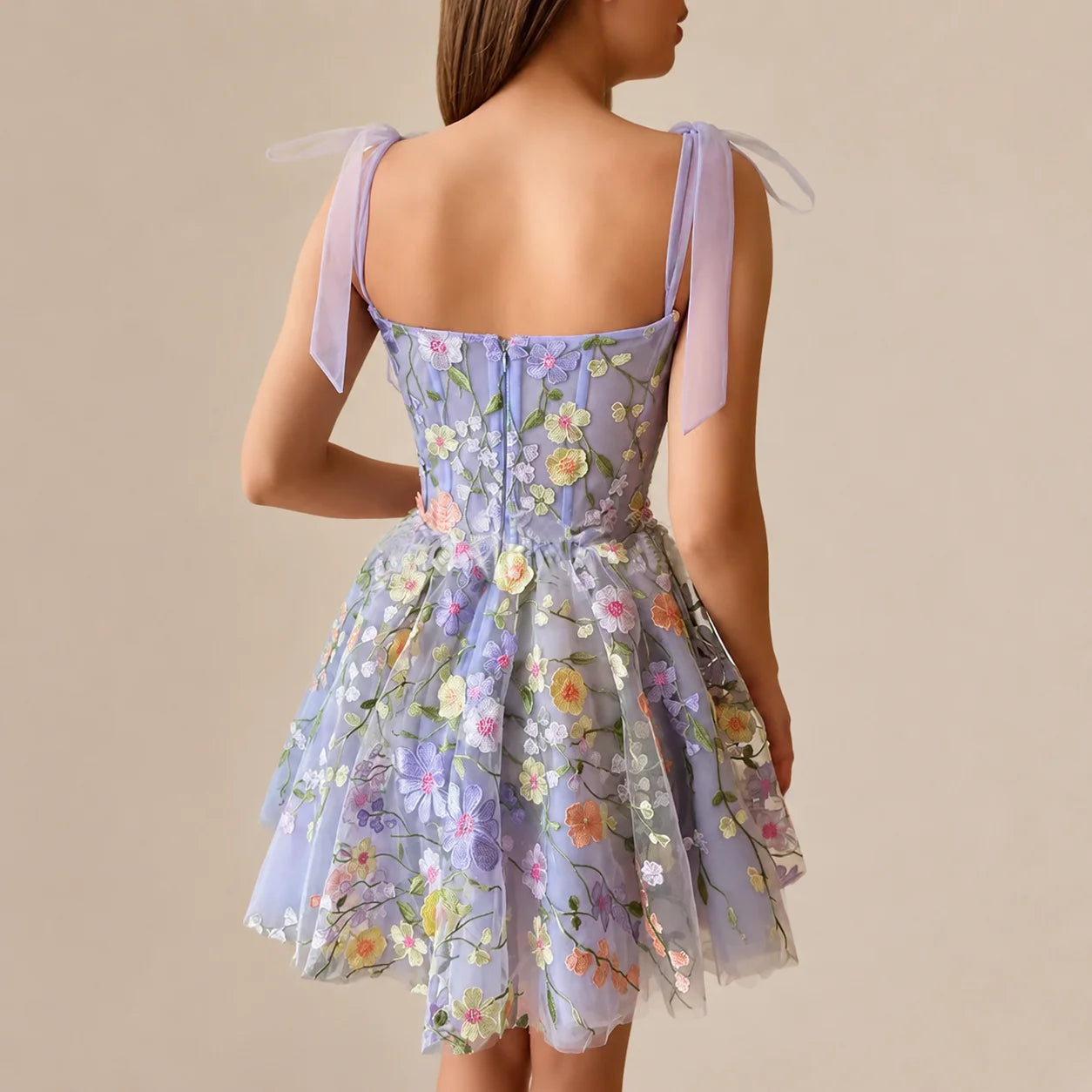 3D Floral Embroidered Tulle Mini Dress – Bow Strap Sweetheart Party Dress | Oyese