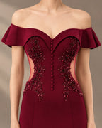 Off-Shoulder Ruffle Sleeve Beaded Mermaid Evening Gown | Oyese