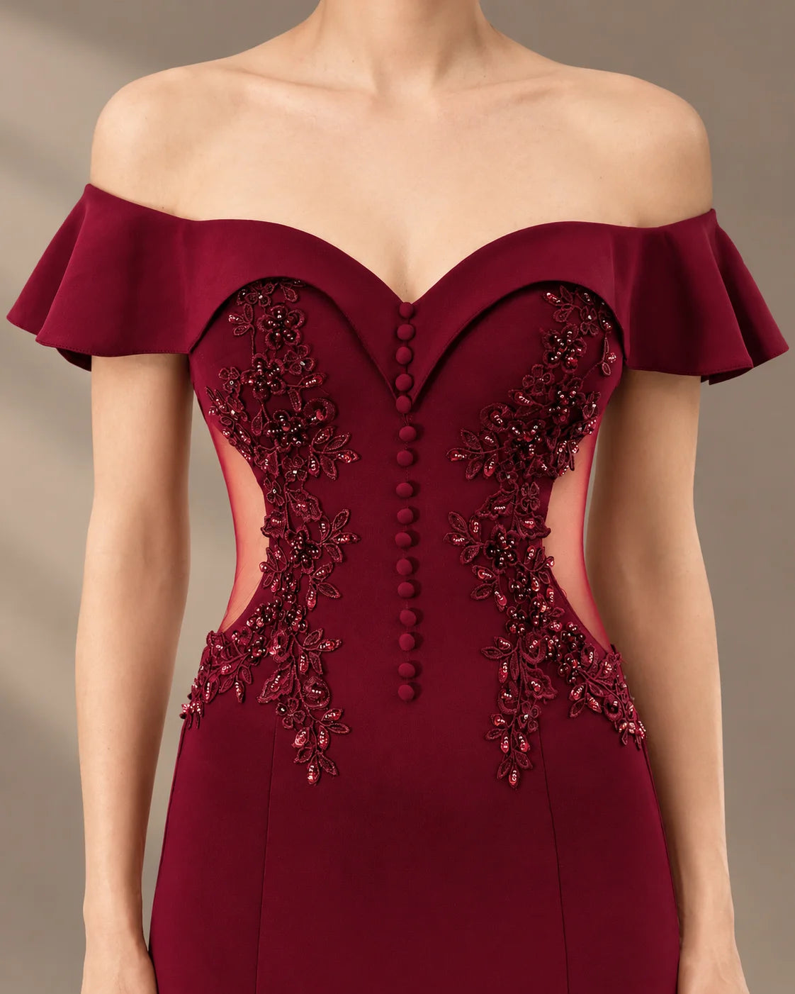 Off-Shoulder Ruffle Sleeve Beaded Mermaid Evening Gown | Oyese