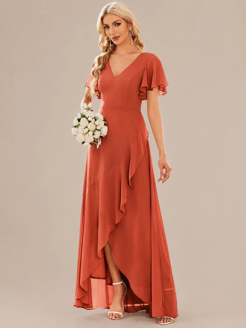 Double V-Neck Flutter Sleeve Flowy Slit Maxi Gown | Oyese