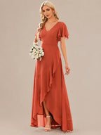 Double V-Neck Flutter Sleeve Flowy Slit Maxi Gown | Oyese