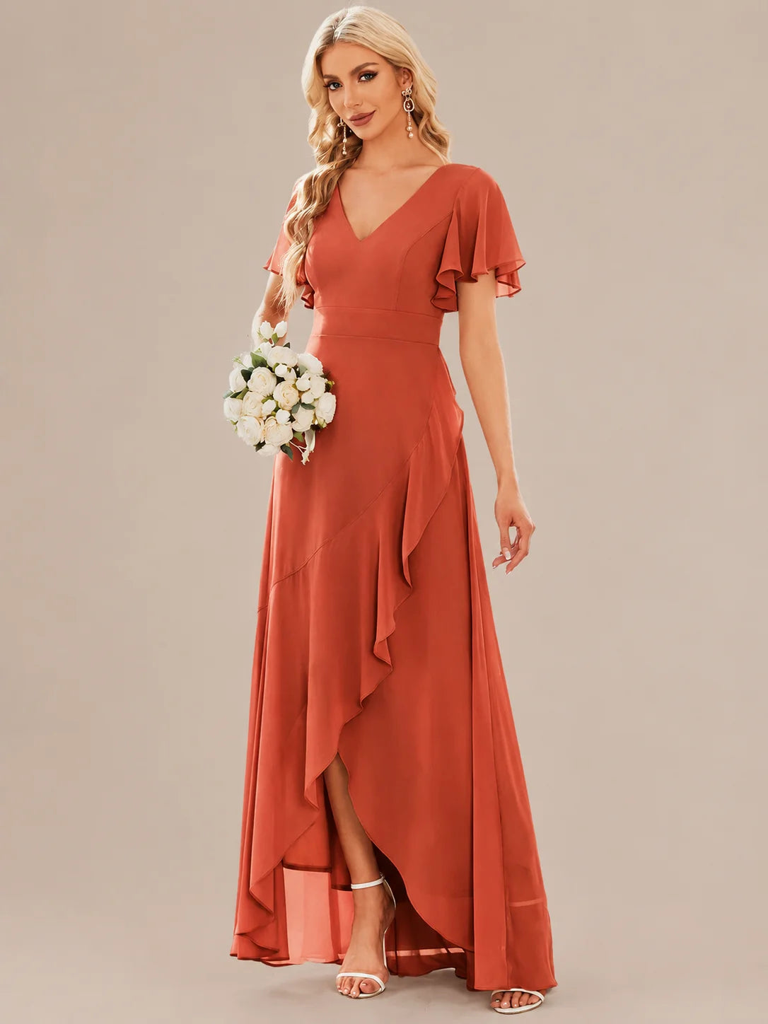 Double V-Neck Flutter Sleeve Flowy Slit Maxi Gown | Oyese