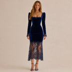 Velvet Lace Trim Bodycon Midi Dress – French Long Sleeve Evening Dress | Oyese