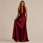 Halter Cowl Neck Satin Mermaid Gown – Backless Tie-Bow Evening Dress | Oyese