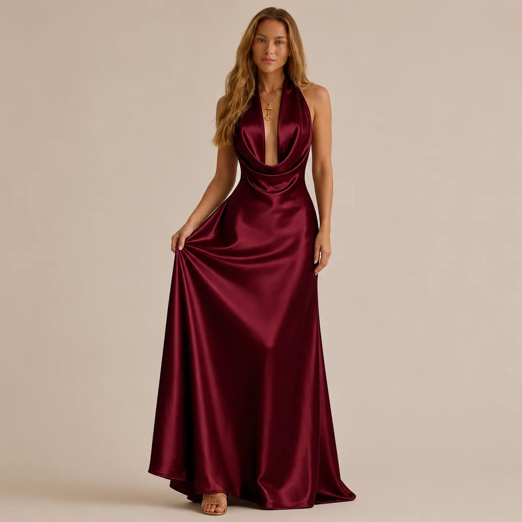 Halter Cowl Neck Satin Mermaid Gown – Backless Tie-Bow Evening Dress | Oyese