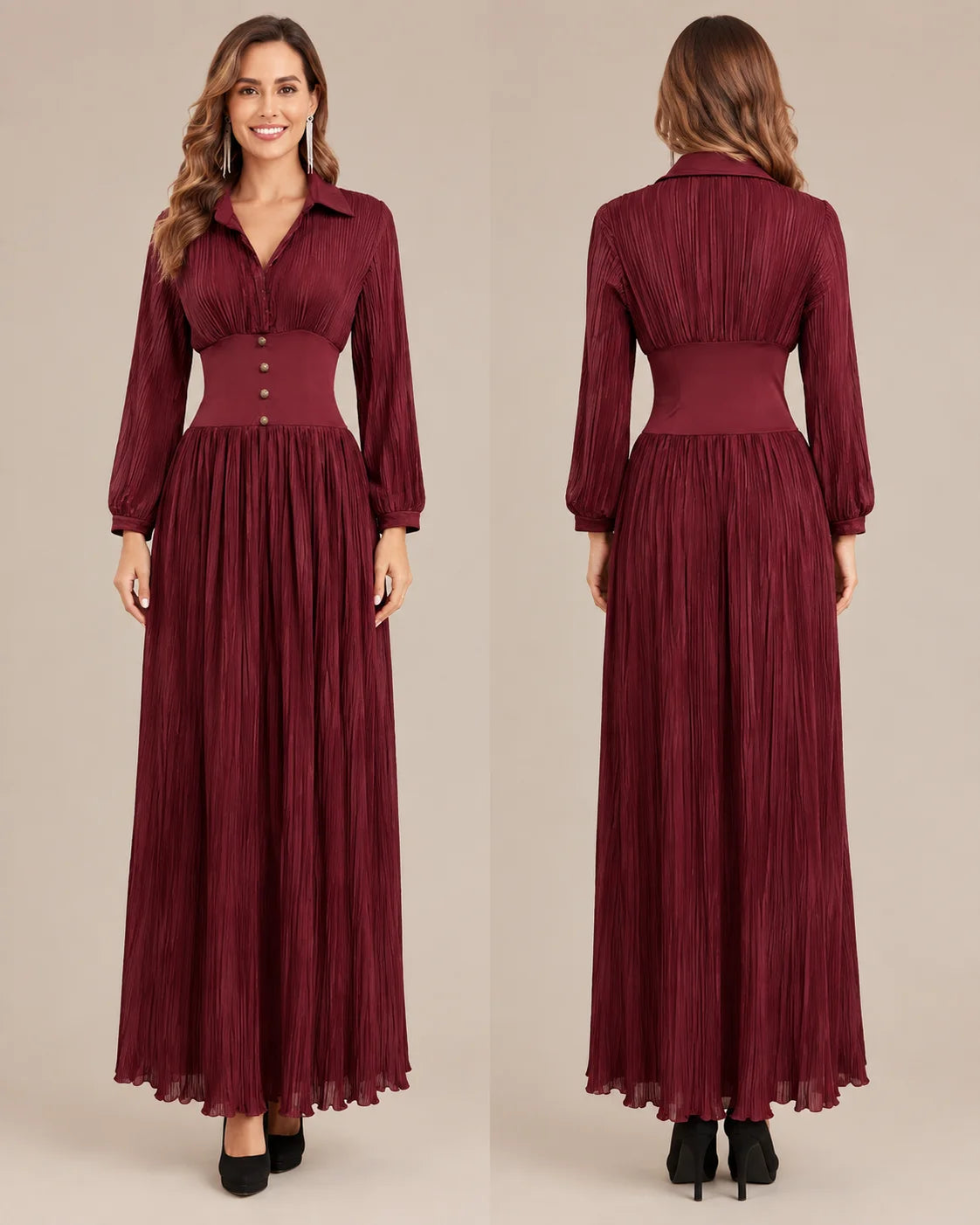 Shirt Collar Button Front Pleated A-Line Maxi Dress | Oyese