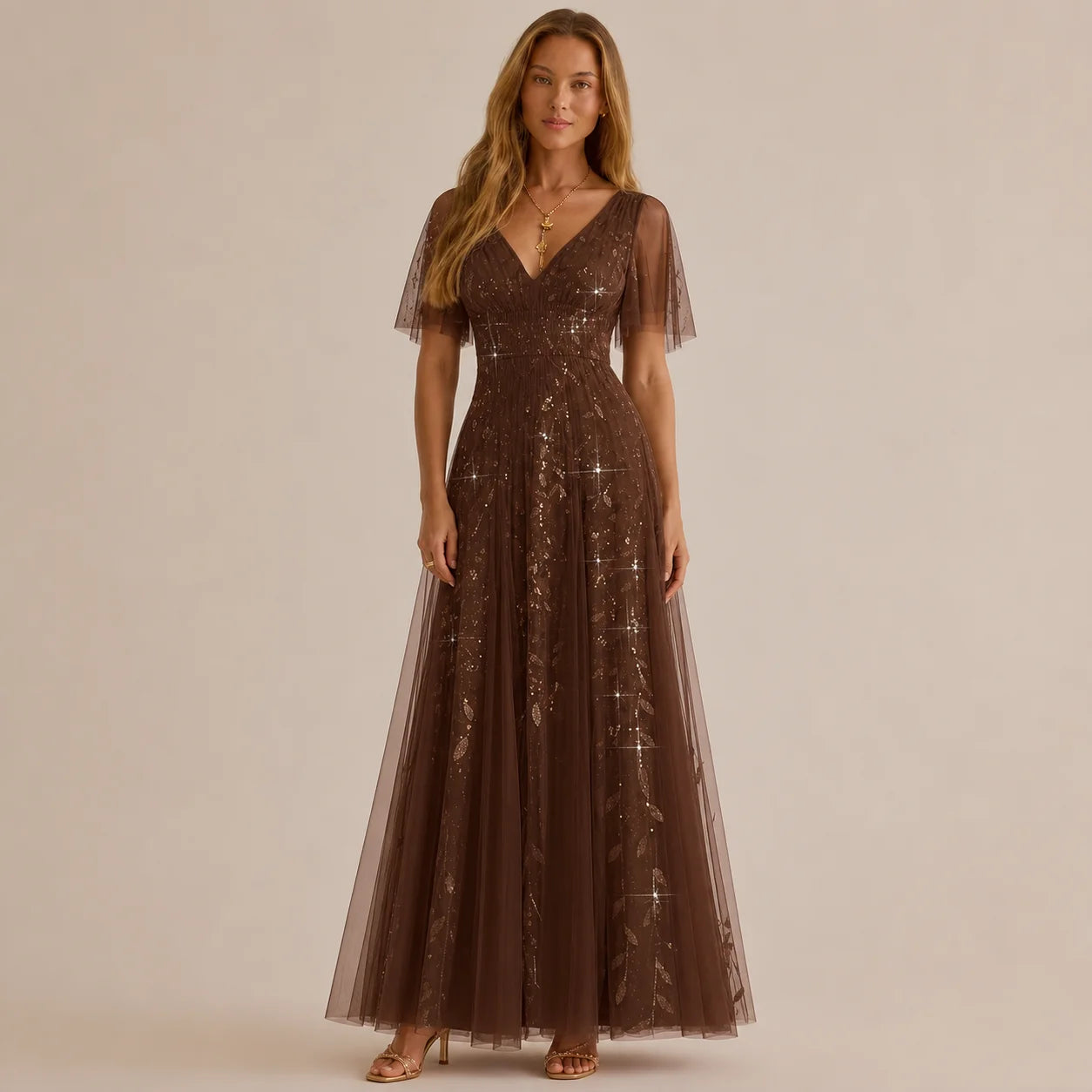 Deep V-Neck Sequin Tulle A-Line Gown – Flutter Sleeve Formal Evening Dress | Oyese