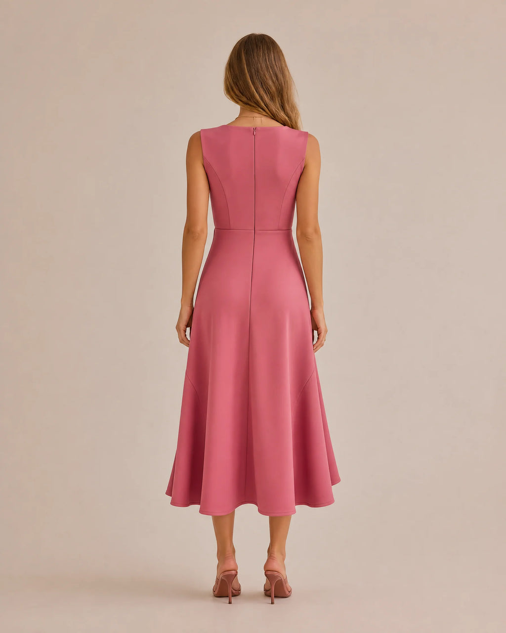 Twisted Knot Waist Midi Dress – Sleeveless Round Neck Office Dress | Oyese