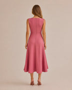 Twisted Knot Waist Midi Dress – Sleeveless Round Neck Office Dress | Oyese