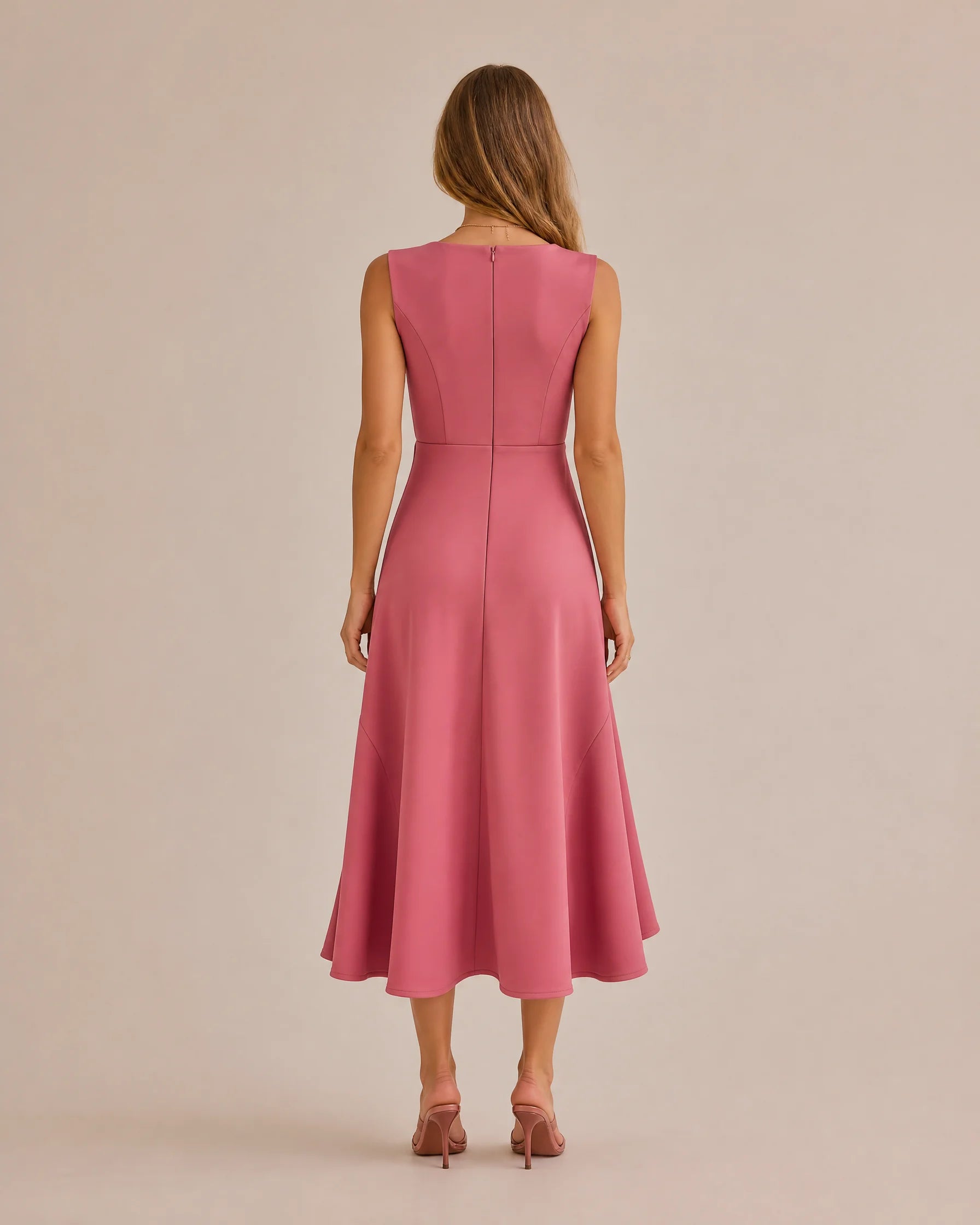 Twisted Knot Waist Midi Dress – Sleeveless Round Neck Office Dress | Oyese