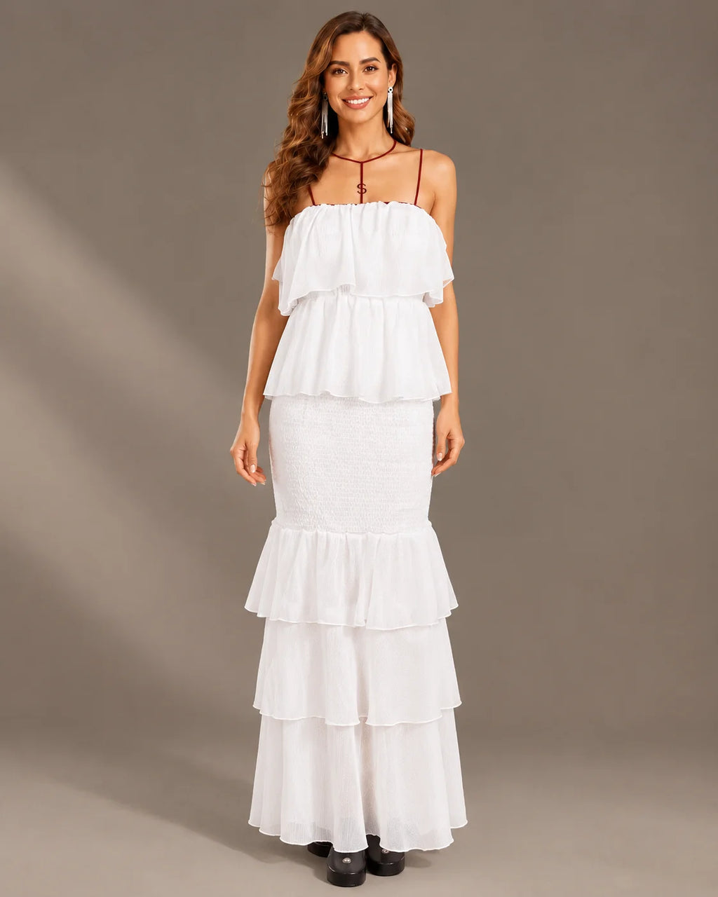 Strapless Pleated Tiered Ruffle Fitted Maxi Dress | Oyese