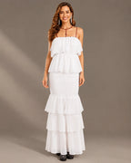 Strapless Pleated Tiered Ruffle Fitted Maxi Dress | Oyese