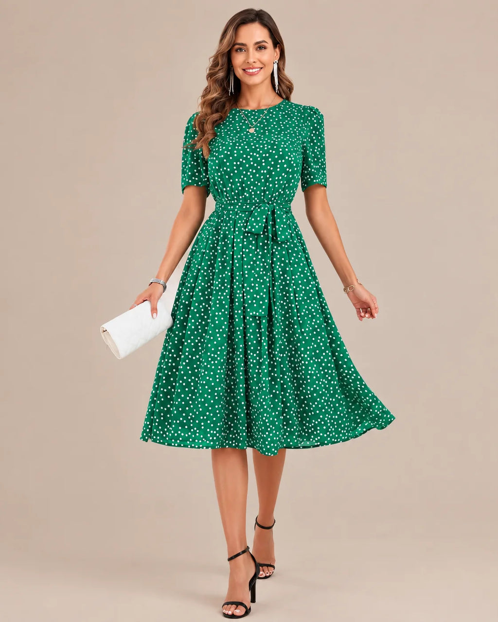 Polka Dot Tie Waist Fit-and-Flare Midi Dress | Oyese