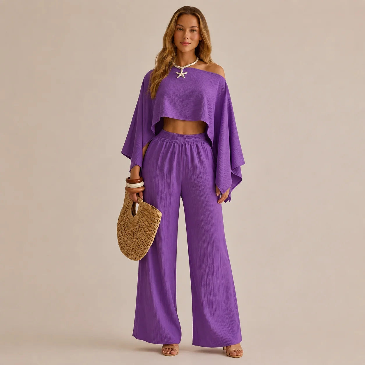Off-Shoulder Cape Top & Wide Leg Pants Set – Beach Vacation 2-Piece | Oyese