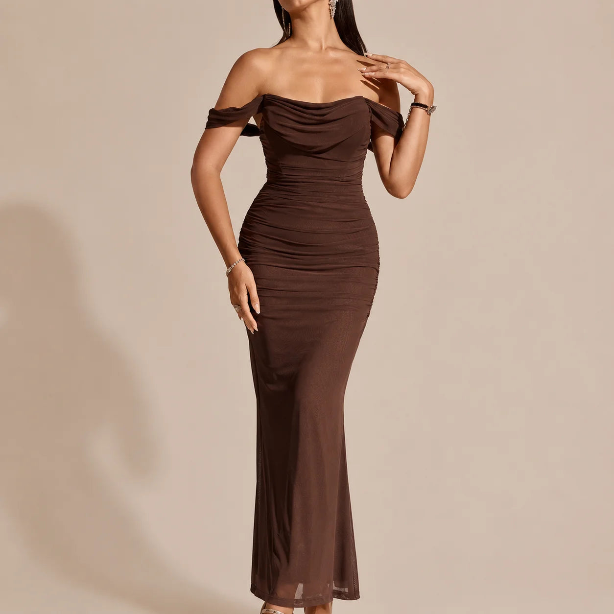 Off-Shoulder Ruched Mesh Bodycon Maxi Dress – Mermaid Evening Gown | Oyese