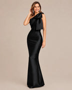 One-Shoulder Bow Satin Mermaid Evening Gown | Oyese