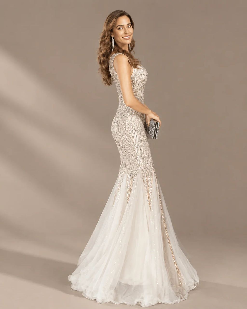 Deep V-Neck Beaded Tulle Mermaid Evening Gown | Oyese
