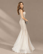 Deep V-Neck Beaded Tulle Mermaid Evening Gown | Oyese